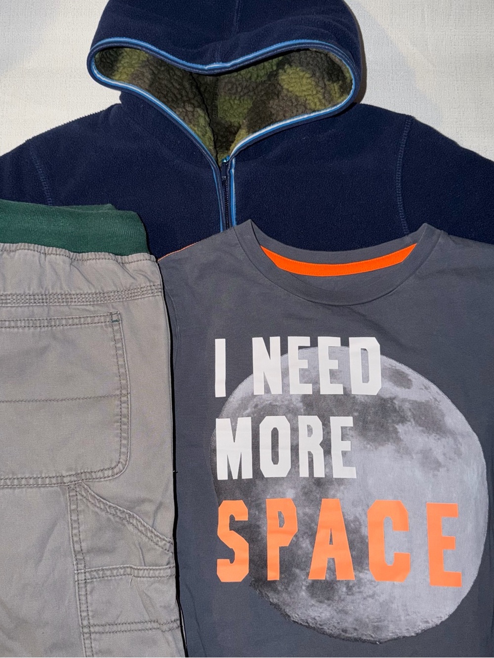 Mini Boden Navy Hoodie with Gray Graphic Tee and Light Gray Pants